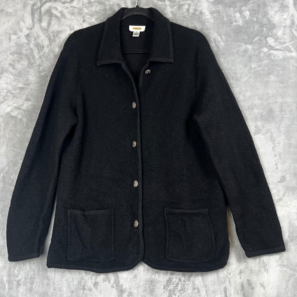 VTG Talbots Womens Cardigan Sweater Jacket Black 100% Wool Button Front‎  M
